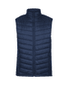 A navy blue men's vest features a quilted design, raised collar, and zippered pockets, with a logo present.
