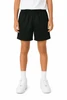 Black sports shorts for kids, featuring an elastic waistband and a subtle logo on the side.