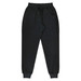 Black tapered fleece kids pants with an elastic waistband and drawstring, featuring side pockets.