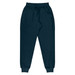 Tapered fleece pants in dark navy with an elastic waistband and side pockets. Features a logo.