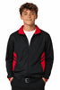 A black tracktop with red accents and a zip-up front, featuring a collar and side stripes.
