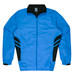 A blue tracktop jacket featuring black side panels and a zip-up front, with a collar and elastic cuffs.