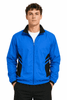 A men's track top in blue with black side panels and a zip front, featuring a collar and a logo.