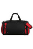 A black and red duffle bag with a shoulder strap and multiple zippers, featuring a logo.