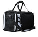A black and white duffle bag with multiple compartments and a detachable shoulder strap, featuring a logo.