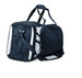 A navy blue duffle bag with white accents, featuring dual handles and a shoulder strap. It includes zippered compartments.