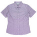 A short sleeve, button-up shirt in a purple and white check pattern, featuring a collar and a logo.