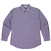 A long-sleeve button-up shirt in a purple check pattern, featuring a pocket and a logo on the collar.