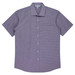A short sleeve button-up shirt in a purple checkered pattern, featuring a chest pocket and a logo.