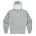 A grey kids hoodie featuring a front pocket and an attached hood, with a logo visible.