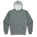 A grey hoodie with a white-lined hood and a front pocket. It features a logo on the tag inside.