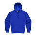A vibrant blue men's hoodie featuring a front pocket and a drawstring hood. It has a branding label.