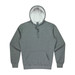 A grey hoodie with a white interior lining and a front pocket. It features a logo on the chest area.