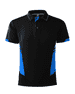 A black polo shirt with blue side panel accents and a collar. The shirt features a logo.