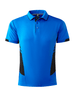 A blue polo shirt with black side panels and a collar, featuring a logo on the front.