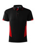 A black and red polo shirt with a collar, featuring contrasting side panels and a logo.