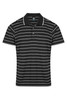 A black and white striped polo shirt with a collar, featuring a logo on the chest.