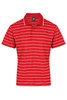 A red polo shirt with white horizontal stripes and a collar. The shirt features a logo on the front.