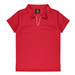 A red polo shirt with a v-neck design, featuring a collar and a logo on the label.