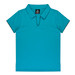 A turquoise polo shirt with a v-neck design and contrasting black detailing at the sleeves. It features a logo.