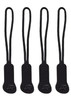Four black zip puller accessories with loops and a small logo on each.