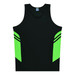 A black singlet with bright green side panels and a logo on the front.
