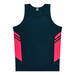 A dark navy singlet with bright pink side panels and a branding logo on the label.