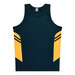 A navy blue singlet featuring yellow side panels and stripes, with a logo on the front.