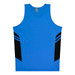 A blue singlet with black side panels and a branding logo on the upper section.