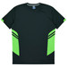 A dark green t-shirt with bright green accents and black stripes on the sides. It has a branded logo.