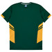 A green t-shirt featuring yellow accents and a logo, designed for kids.