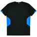 A black T-shirt with blue accents on the sides and a logo on the back.