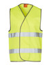 A bright yellow safety vest featuring reflective silver stripes and a logo. Suitable for safety wear and uniforms.