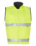 A fluorescent yellow reversible safety vest with a mandarine collar and reflective 3M tape detailing, featuring a pocket.