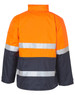 A high-visibility long line safety jacket in orange and navy, featuring reflective 3M tape stripes. It has a logo.