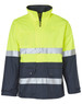 A Hi-Vis long line safety jacket in bright yellow and navy, featuring reflective 3M tapes and a zip front.