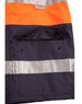A hi-vis long line safety jacket in orange and navy, featuring reflective 3M tapes and a front pocket with buttons.