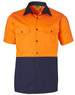 A short-sleeved cotton work shirt featuring a bright orange top half and a navy blue bottom half, with two chest pockets and a logo.