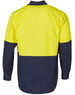 A Hi-Vis long sleeve cotton drill shirt in yellow and navy with a logo. Perfect for workwear.