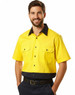 A short-sleeved, two-tone cotton work shirt in bright yellow and navy, featuring a logo and two chest pockets.