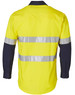 A high-visibility cotton drill shirt in fluorescent yellow with reflective 3M tape and navy sleeves. Features a branded logo.