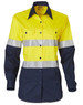 A long-sleeve safety shirt in Hi-Vis yellow and navy blue, featuring 3M reflective tape and two front pockets.
