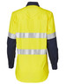 A long-sleeve safety shirt in hi-vis yellow with navy sleeves and reflective 3M tape stripes. Features a logo.
