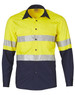 A long-sleeved safety shirt in bright yellow with navy blue accents and reflective tape. Features buttons and pockets.