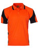 An orange and black polo shirt featuring a pocket and contrasting paneling, with a logo on the label.