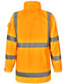 A bright orange safety jacket featuring reflective stripes and a high collar, with a logo on the front.