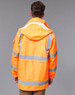 An orange safety jacket with reflective stripes and a hood, featuring a logo on the back.