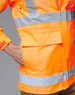 An orange safety jacket with reflective stripes and a pocket, designed for high visibility. Contains a logo.
