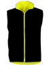 A reversible safety vest featuring a black exterior and high-visibility yellow interior, with a zip front and collar.
