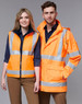 A safety jacket in bright orange with reflective stripes, displayed on two models, one male and one female.